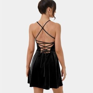 HALARA Spaghetti Strap Backless Crisscross Lace Up Velvet Mini Casual Dress